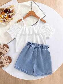 2pcs/Set Young Girl Summer Spaghetti Strap Ruffle Off-Shoulder Top Paired With Daily Versatile Side Button Bow Shorts, Suitable For Casual, Outdoor, School, Commute, Street Wear - White - View 3