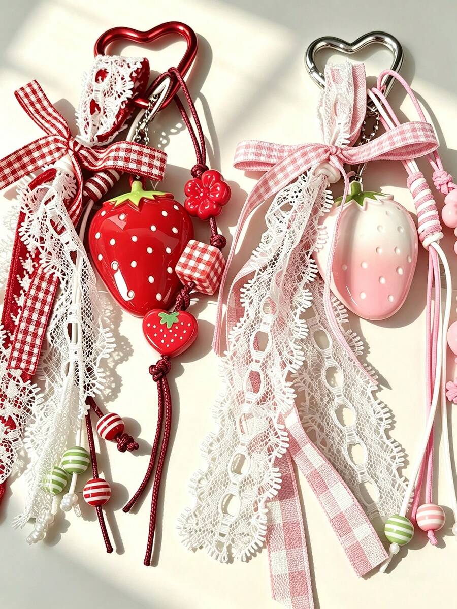 1pc Handmade Personalized Strawberry Keychain With Sweet Bow, Bag Charm - Multicolor - View 1