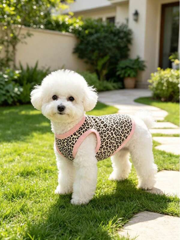 Leopard Print Pet Dog Sports Casual Vest T-Shirt, Soft Breathable Sleeveless Dog Clothes, Pink Trim Comfortable Fitted, Suitable For Small Dogs, Teddy, Bichon, Maltese, Indoor, Outdoor, All Seasons Pet Apparel