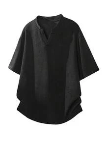 Blueprint Man 1pc Men's Black Herringbone Henley Collar Short Sleeve T-Shirt, Stand Collar V-Neck Placket, Breathable Skin-Friendly Wrinkle-Resistant Draping Textured Knit Fabric, Mature Old Money Style Casual Top, Spring Summer Commute, Light Business, Date Outfit - Black - View 3