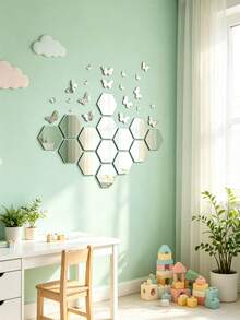 24Pc Silver Hexagon & Butterfly Combination Mirror Wall Stickers, Set Includes 14 Butterflies + 10 Hexagons, Acrylic Mirror Wall Decals For Home Decor - Silver - View 1