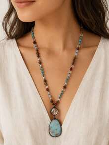 1pc New Spring Bohemian Vintage Natural Stone Glass Woven Necklace, Glass Connected Square Imperial Stone Pendant, Women's Sweater Chain Necklace - NK2634 - View 10