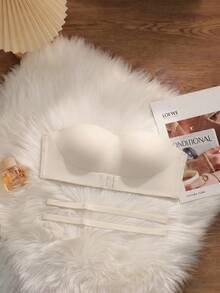 Strapless Minimalist Push-Up Bra, Solid Color Seamless Wire-Free Bra For Women, Sweet Backless Design, Comfortable Lift And Support, Thick Cup Bra Suitable For Small Chests [Flat Chest Special] - Champagne - View 7