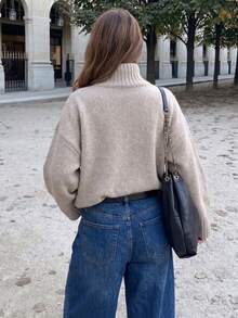 Sweater Pullover Leher Tinggi Rajut Bergaris untuk Wanita, Sweater Rajut Gaya Dasar Lengan Panjang, Elastisitas Sedang, Kasual Musim Gugur/Dingin, Warna Oatmeal Musim Gugur - Havermut - View 7