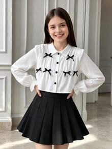 Girls' French Sweet Style Bow Decor Short Puff Sleeve Long Sleeve Small Collar White Button Up Blouse, Spring/Autumn Casual Everyday - White - View 1