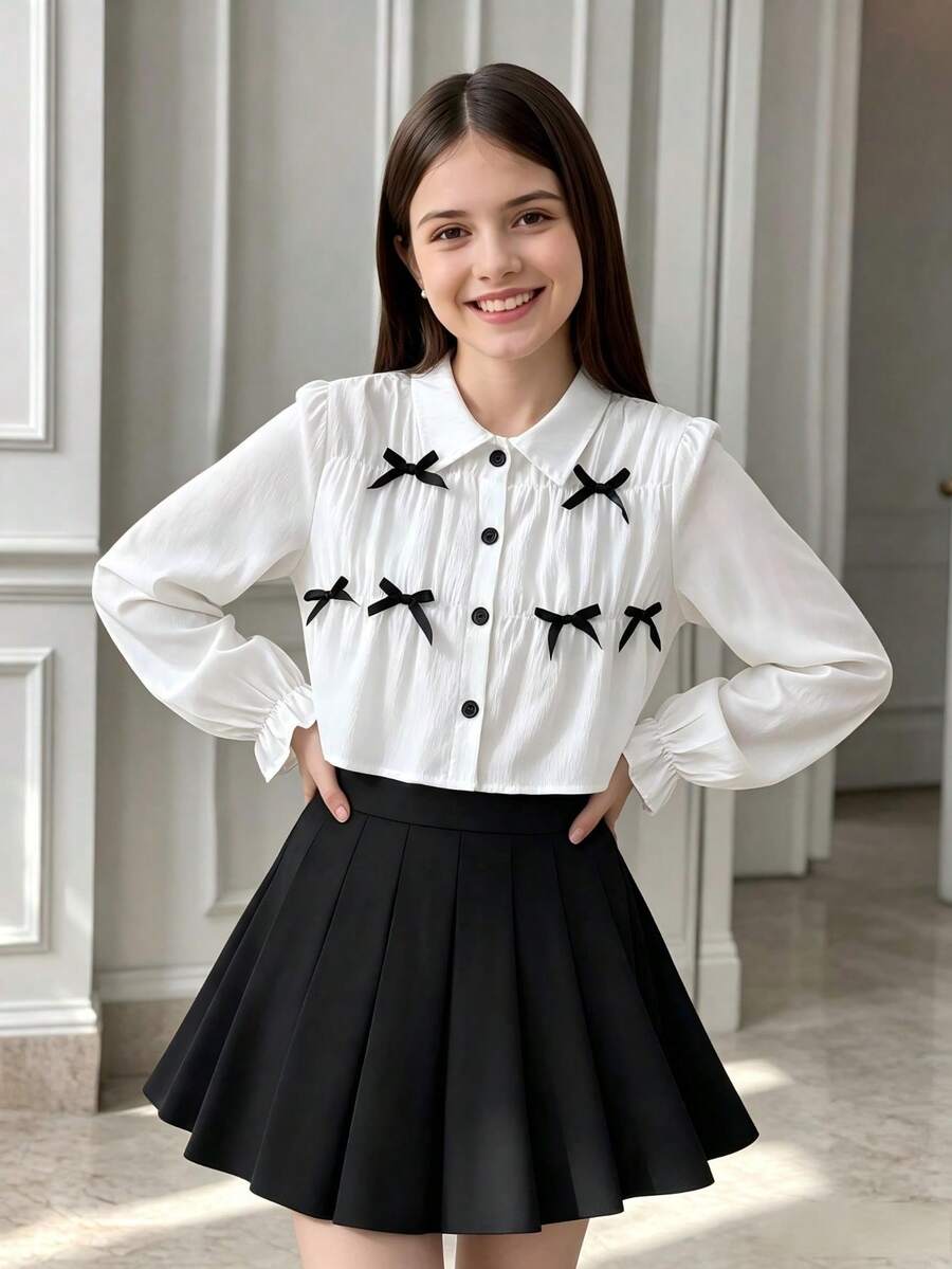 Girls' French Sweet Style Bow Decor Short Puff Sleeve Long Sleeve Small Collar White Button Up Blouse, Spring/Autumn Casual Everyday - White - View 1