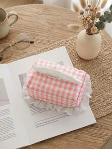 1Pc Tissue Box Cover & Fabric Napkin Holder, Plaid Lace Edge Cute Tissue Storage Box, Aesthetic Decorative Organizer For Bathroom Bedroom Living Room Car Office, Home Room Decor Supplies - View 6
