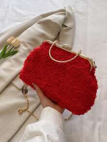 Dedoo 3D Rose Oval Hard Frame Clutch, Rhinestone Kiss Lock, Detachable Chain, Sweet Romantic Women's Handbag, Suitable For Bride Formal Occasions (Random Floral Pattern) - Red - View 4
