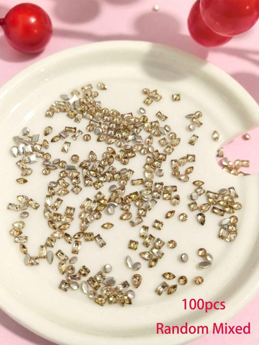 100顆香檳色迷你平底鋯石美甲水鑽,不對稱心形與正方形超亮微鋯石美甲裝飾 - 香檳色 - 查看 1