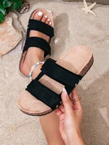 Women's Vintage Open Toe Breathable Sandals, Double Buckle Design Casual Fashion Flat Sandals, Suitable For Daily Wear, Beach, Home, Commute, Shopping, Travel, Summer Sandals - Black - View 11