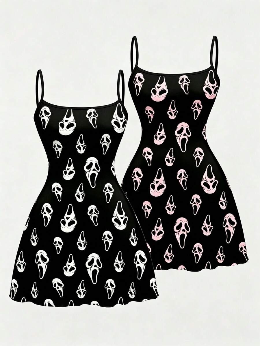 2pcs Women's Halloween Costume, Gothic Dark Style "Scream" Mask Print Nightgown, Summer Sexy Spaghetti Strap Loungewear - Multicolor - View 1