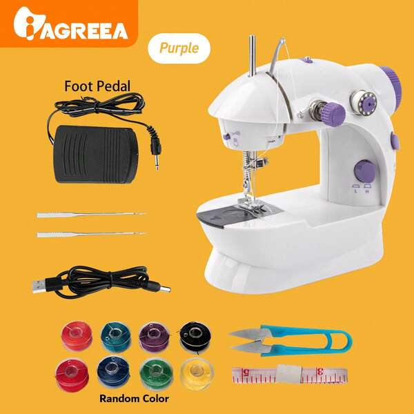 IAGREEA Mini Electric Sewing Machine, Portable Sewing Machine, Purple Mini Electric Sewing Machine - 6V DC Portable Travel And DIY Craft Tool With Automatic Bobbin Winder, Foot Pedal, Night Light, 2-Speed, Button Repair Function | Holiday Gift Set (Includes Thread Spool Pack, Adapter Not Included)