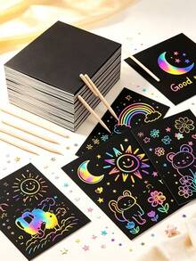 100/50/5pcs Scratch Art Paper, DIY Magic Scratch Painting Set, Rainbow Scratch Paper, Colorful Scratch DIY Graffiti, Rainbow Scratch Painting Set, DIY Painting Set, Reveal Hidden Vibrant Color Patterns, Creative Cardboard Art, Fun Choice For Back To School Season - Multicolor - View 2