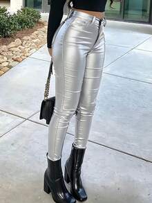 女款銀色人造皮革緊身褲 Y2K 性感街頭風 塗層 PU 皮褲 寬鬆休閒緊身褲 秋冬款 - 銀色 - 查看 7