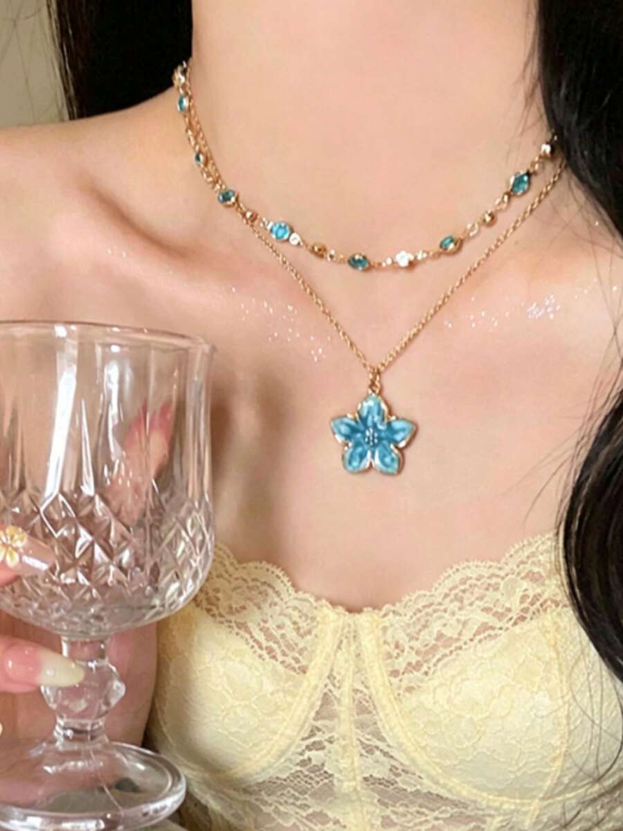 2件組手工樹脂蝴蝶吊墜項鍊套組,合金雙層項鍊,簡約動物主題情人節禮物,適合四季配戴 - 藍色 - 查看 1