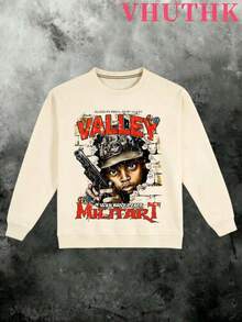 VHUTHK 250g Pure Polyester Crew Neck Pullover, Valley 1981 Dreams: War Zone Peace Military Double-Sided Filament Print, Y2K Men's Autumn Winter Sweater - 杏色 - 查看 2