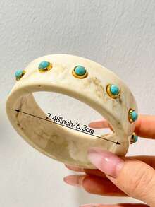 Contrast Marble Pattern Resin Wide Bracelet, Marble Texture Design, Luxury Inlaid Colorful Stones, Thick Exaggerated Niche Design Jewelry Bangle - Multicolor B - View 5