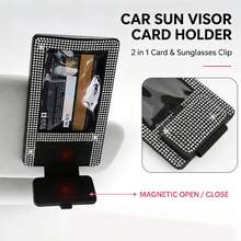 1Pc Bling Rhinestone 2‑In‑1 Car Sun Visor Photo Frame Clip, Fashion Glasses Holder Card Storage Organizer, Shiny Crystal Car Interior Decor For Women, Easy Installation, Car Gift - Multicolor - View 6