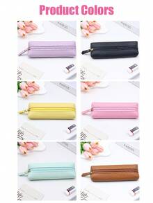 1pc Korean Style Lychee Texture PU Leather Zipper Pencil Case, Macaron Multicolor Large Capacity Minimalist Long Pencil Pouch, Student Desk Stationery Storage Bag, Pencil Holder - Multicolor - View 3