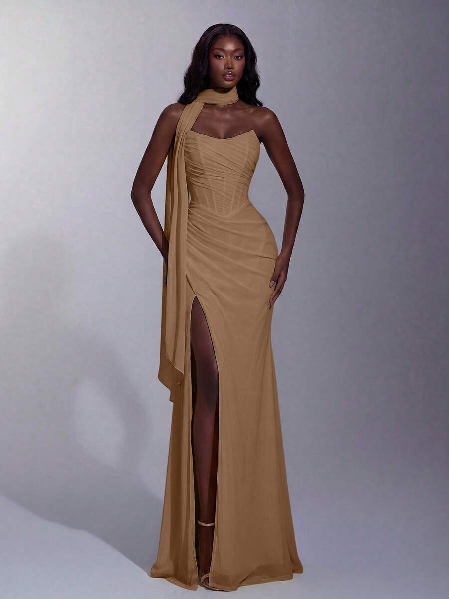 Elegant Heart-Neckline Ruched Fitted Bustier Maxi Dress, High Slit Slim-Fit Mermaid Skirt Wedding Party Fall - Khaki - View 1