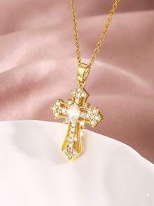 1 pieza Collar con colgante de cruz de circonita de lujo para mujeres - Amarillo Oro - Ver 4