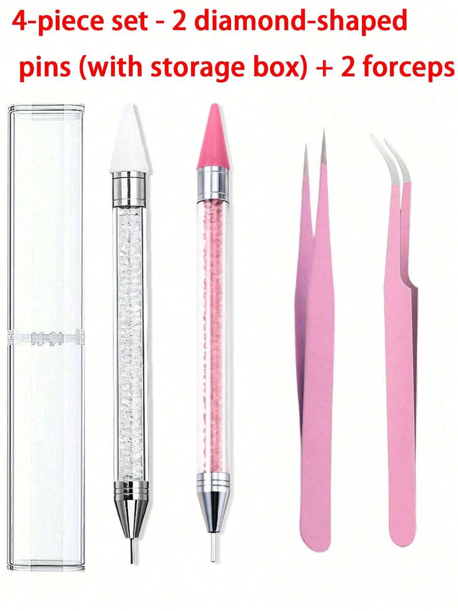 4/3pcs Rhinestone Inlaid Tool Set, Rhinestone Application Tool, Nail Art Supplies, Nail Accessories, Nail Drill Accessories, Nail Art Tools, Includes 2 Double-Ended Rhinestone Pens And 2 Tweezers, Craft Materials, (Rhinestone Pen With Storage Box) For Rhinestone Decoration - Multicolor - View 1