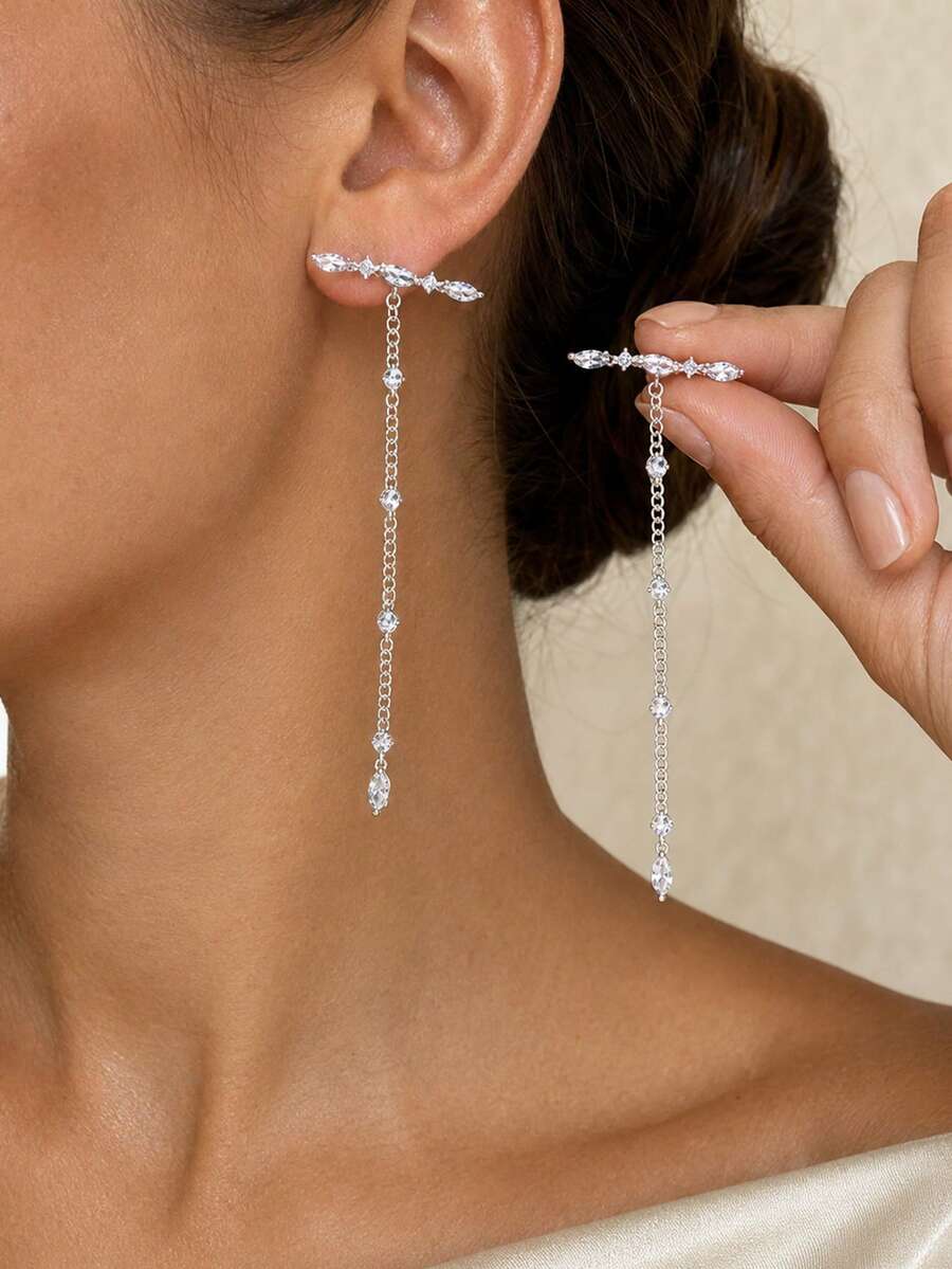 outingfit 1 Pair Minimalist Tassel Rhinestone Water Drop Pendant Stud Earrings, Niche High-End Fashion Micro-Inlaid Rhinestone Earrings, Suitable For Women's Daily Versatile Accessory - Silver - View 1