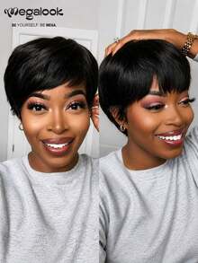 MEGALOOK 6 Inch Silky Straight Short Wig With Bangs Natural Color 100% Human Hair Wigs Machine-Made Short Curly Wig Glueless Virgin Human Hair Curly Wig Bangs Wig Natural Looking - SNatural - View 3