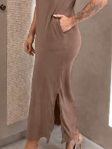 Vestido Longo Fenda Bolso Manga Elegante Feminino Malha Diário Casual Bege - Bege - Visão 4