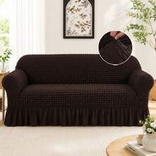 XM-Mirelitho 1pc Pet Friendly Bubble Waffle Stretch Sofa Slipcover With Ruffle Skirt Anti-Slip Full Wrap Couch Cover Machine Washable Universal Furniture Protector For 1/2/3/4 Seater Old Sofa Living Room Makeover - 咖啡棕色-2 - 查看 1