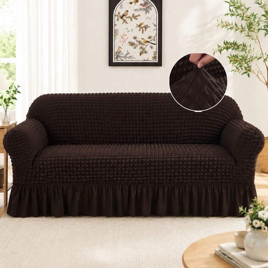 XM-Mirelitho 1pc Pet Friendly Bubble Waffle Stretch Sofa Slipcover With Ruffle Skirt Anti-Slip Full Wrap Couch Cover Machine Washable Universal Furniture Protector For 1/2/3/4 Seater Old Sofa Living Room Makeover - 咖啡棕色-2 - 查看 1