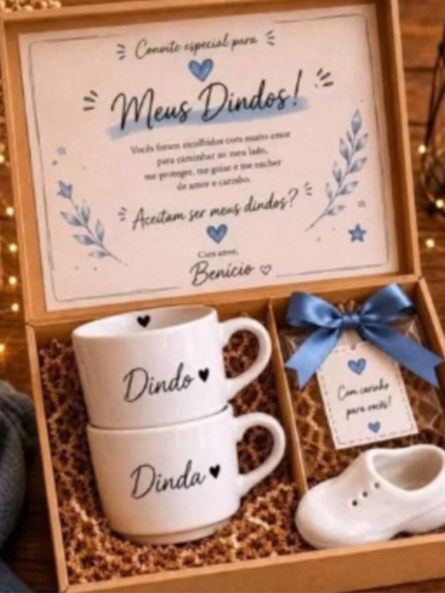 Convite para Dindos com Canecas de Porcelana Personalizadas – Kit com 2 Canecas Dindo e Dinda (menina) - 2pcs - Visão 1