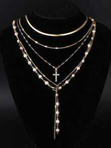 5pcs Vintage Metal Cross Pendant Y-Shaped Necklace Bohemian Style Gold-Tone Faux Pearl Long Necklace - Yellow Gold - View 2