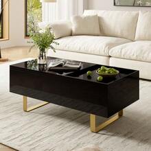 Height-Adjustable Coffee Table, MDF Coffee Table With Storage And High-Gloss Finish, Coffee Table With Drawer And Iron Legs, Modern Living Room Table - 黑色 - 查看 2