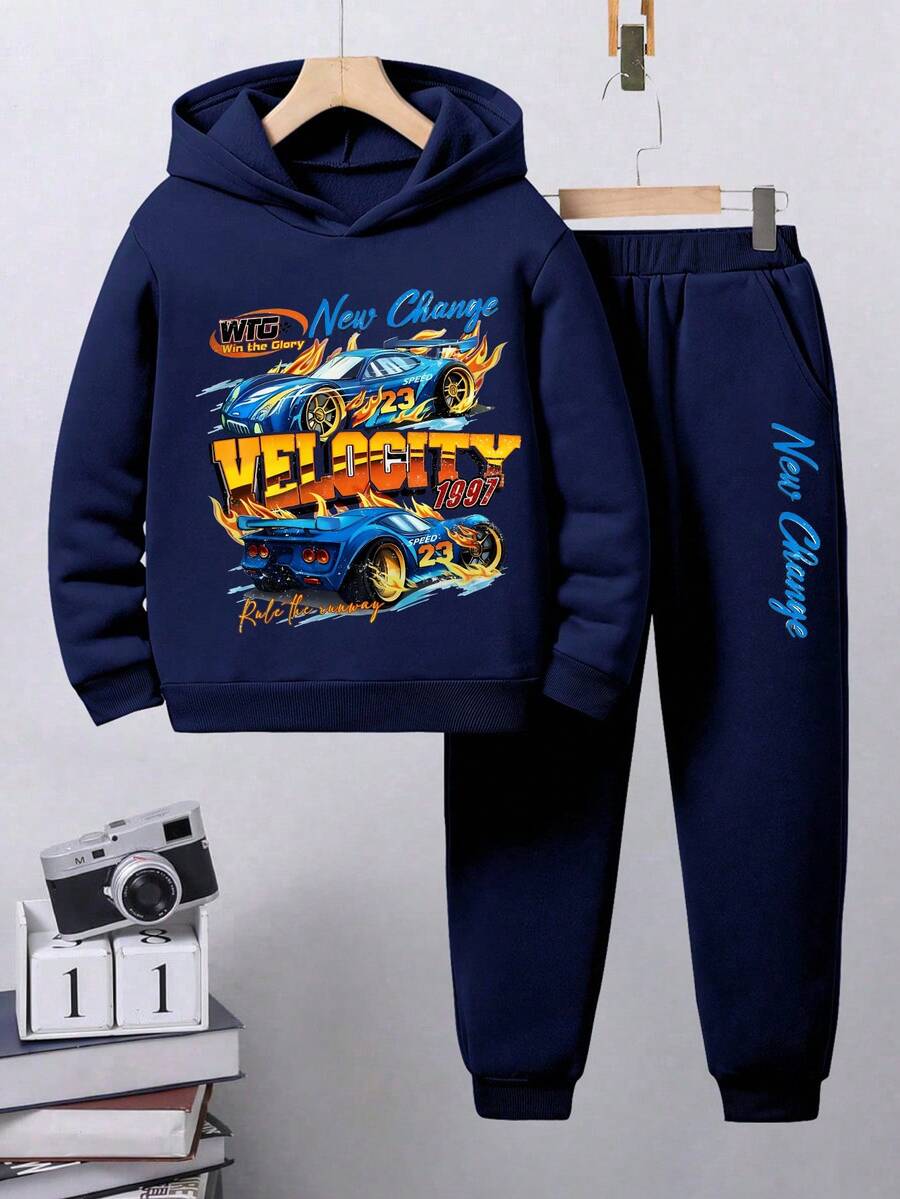 Tween Boy Car Graphic Hoodie And Sweatpants Set - Royal Blue - View 1