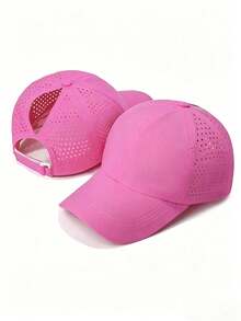 1 pieza Gorra de béisbol de malla transpirable de secado rápido de unicolor con cola de caballo y visera de pato ajustable - Gorra de béisbol de secado rápido para coleta - Ver 15
