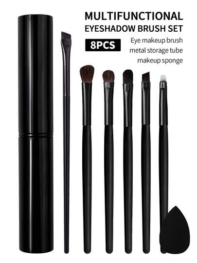 8PCS Makeup Tool Set With Storage Tube, Mini Makeup Sponges, 6 Soft Eye Makeup Brushes, Eyeshadow Brush, Blending Brush, Contour Brush, Concealer Brush, Eyeliner Brush, Complete Makeup Brush Set For Travel, Perfect Gift For Women And Girls