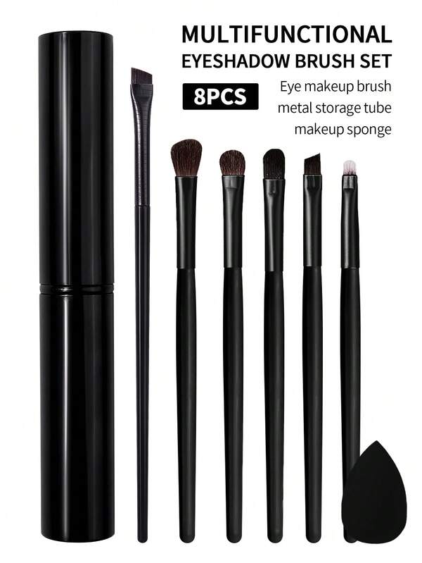 8PCS Makeup Tool Set With Storage Tube, Mini Makeup Sponges, 6 Soft Eye Makeup Brushes, Eyeshadow Brush, Blending Brush, Contour Brush, Concealer Brush, Eyeliner Brush, Complete Makeup Brush Set For Travel, Perfect Gift For Women And Girls