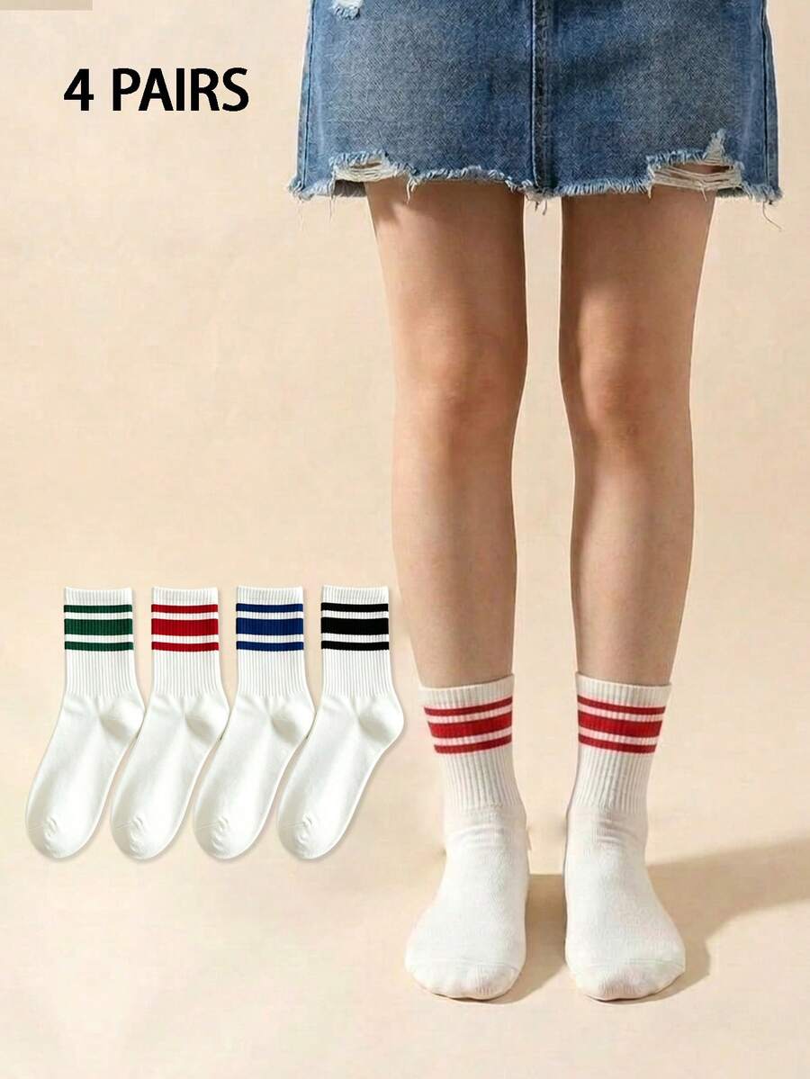 4雙女款三條紋羅紋白色襪子,多色袖口中筒運動休閒襪,學院風日常襪 - 彩色 - 查看 1