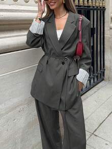 2pcs Solid Color Double Buckle Waist Belt Suit, Fashionable For Daily, Dating, Office Wear, Spring/Autumn Fall - Grey - View 4