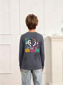 Kaos Lengan Panjang Leher Bulat Motif Kasual Lucu untuk Remaja Laki-laki, Atasan Musim Gugur/Dingin - Dark Grey - View 3