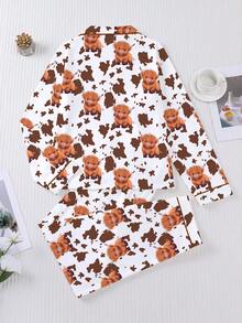 2pcs/Set Women's Pajama Set, Animal Cow Print, Autumn/Winter Women's Loungewear, Long Sleeve Lapel Top And Pants, Wearable Set - Multicolor - View 2