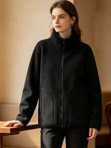 Women's Autumn/Winter Street Casual Fleece Jacket, Comfortable Soft Skin-Friendly Fashion Jacket - Black - View 1