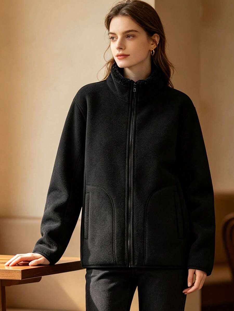 Women's Autumn/Winter Street Casual Fleece Jacket, Comfortable Soft Skin-Friendly Fashion Jacket - Black - View 1