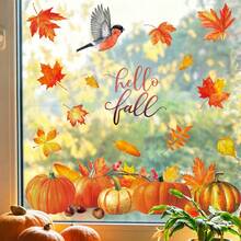 4入組「Hello Fall」窗貼，知更鳥、南瓜與楓葉圖案窗貼，雙面秋季豐收感恩節玻璃貼紙，適合居家窗戶裝飾 - 彩色 - 查看 2