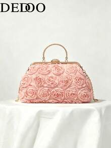 Dedoo 3D Rose Oval Hard Frame Clutch, Rhinestone Kiss Lock, Detachable Chain, Sweet Romantic Women's Handbag, Suitable For Bride Formal Occasions (Random Pattern) - Pink - View 2