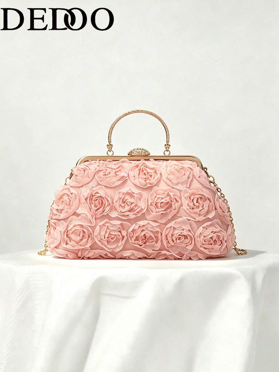 Dedoo 3D Rose Oval Hard Frame Clutch, Rhinestone Kiss Lock, Detachable Chain, Sweet Romantic Women's Handbag, Suitable For Bride Formal Occasions (Random Pattern)