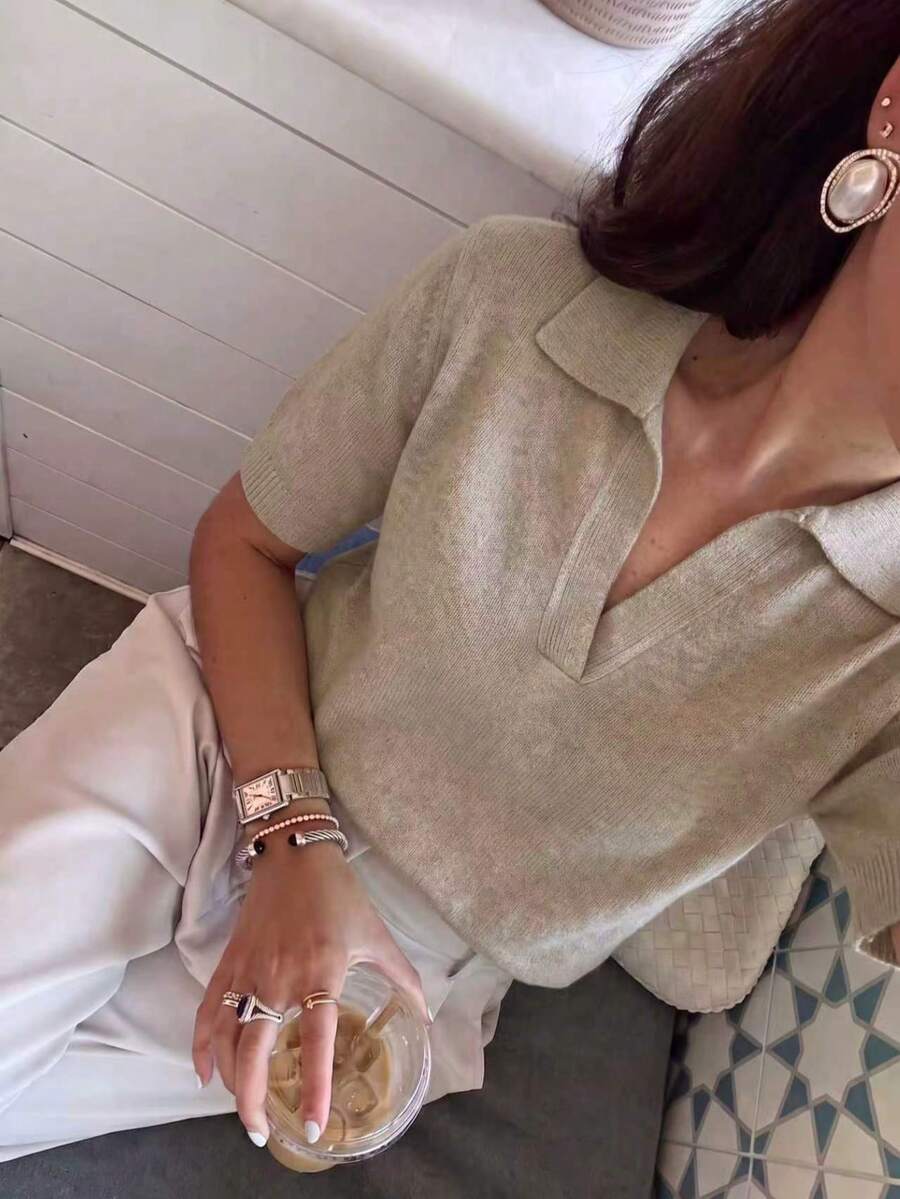 Blusa de punto con cuello vuelto y manga corta para mujer, estilo francés para uso diario y laboral, primavera/verano - yan - Ver 1