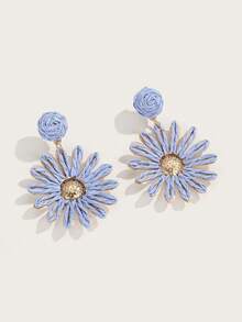 Altistry 1 Pair Niche Vacation Style Versatile Summer Dopamine Handmade Woven Raffia Sunflower Earrings, Exquisite Fashion Personalized - Blue - View 2