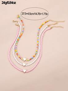 NAIZHU 3pcs/Set Heart-Shaped Seed Bead Necklace Set, Daily Holiday Party Accessories, Girls Gift, Random Color - Multicolor - View 5